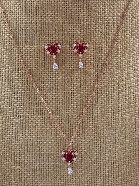 Heart Gem Rose Gold Plated Sterling Silver Necklace Earrings Set Pink Stones